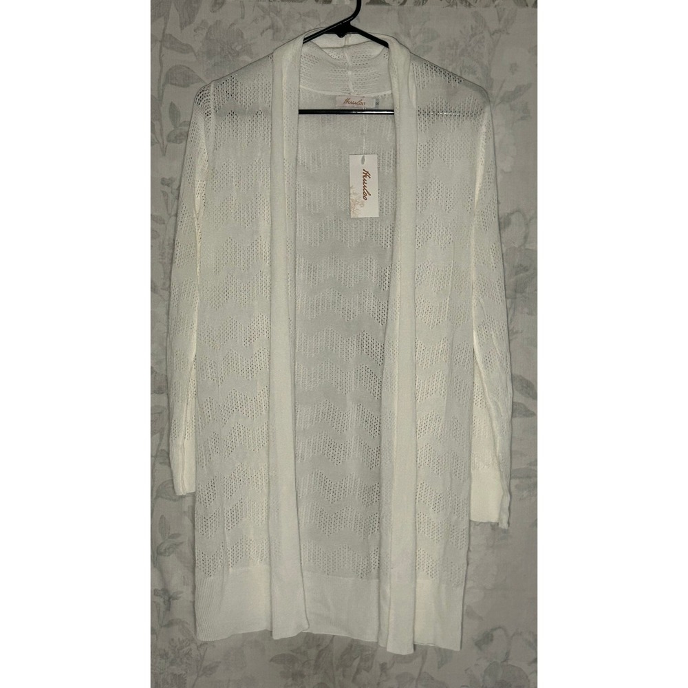 White Chevron Knit Open Front Long Sleeve Duster Cardigan